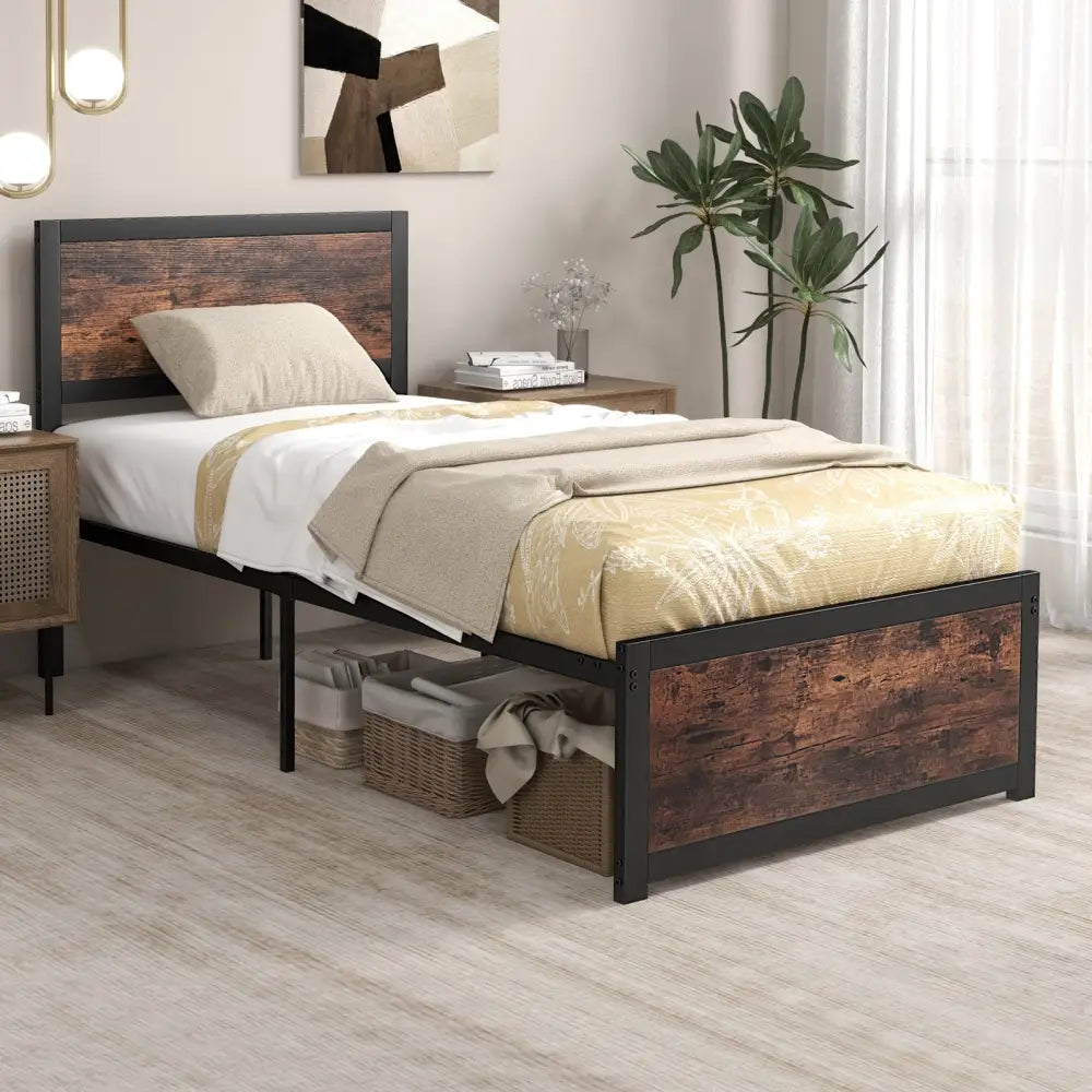 Twin Size Bed Frame Metal with High Headboard and Mute Bars-Twin Size - Rustic Brown - Simple Bed Frame