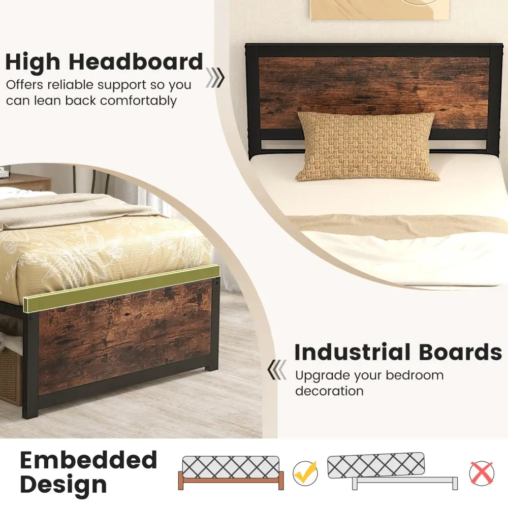 Twin Size Bed Frame Metal with High Headboard and Mute Bars-Twin Size - Rustic Brown - Simple Bed Frame