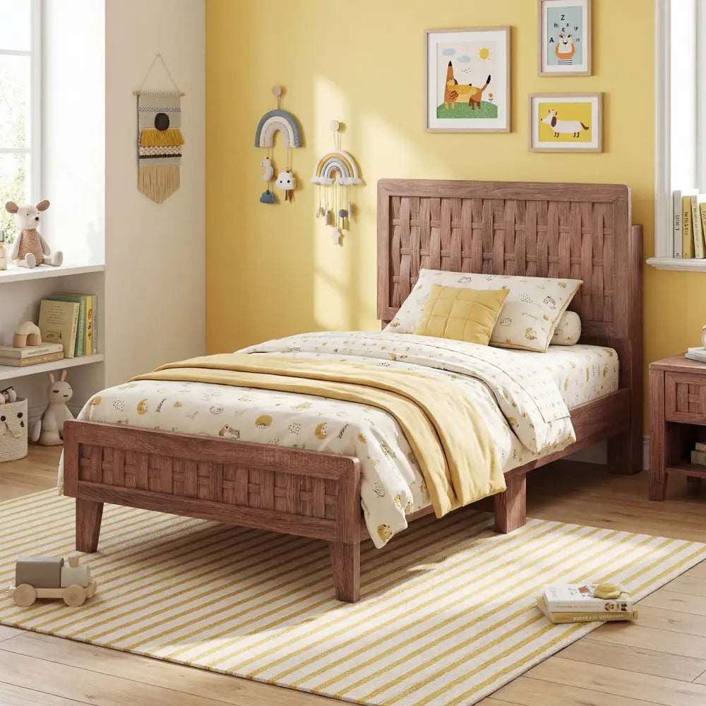 Twin Size Bed Frame Mid Century with Woven Accent Headboard - Walnut - Simple Bed Frame