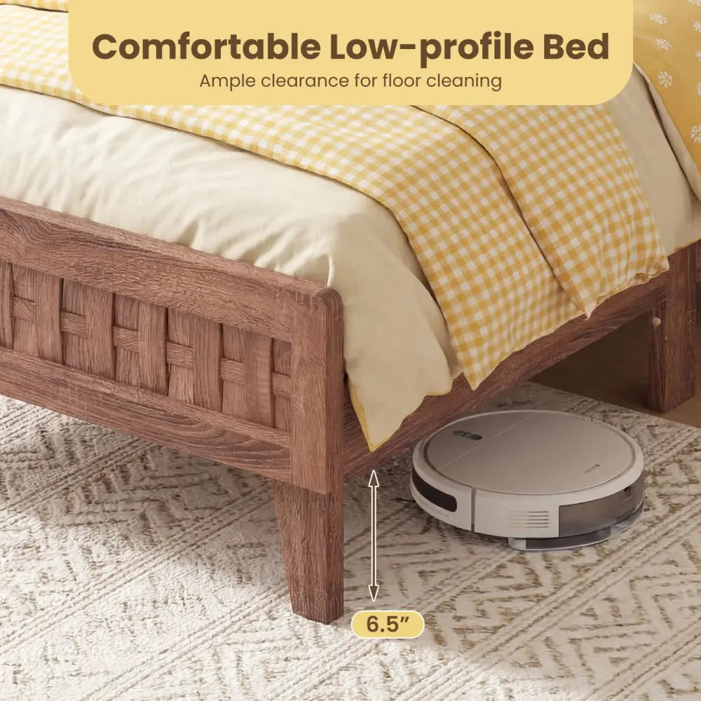 Twin Size Bed Frame Mid Century with Woven Accent Headboard - Walnut - Simple Bed Frame
