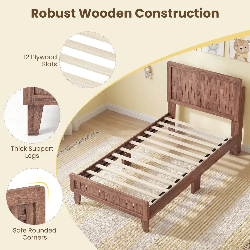 Twin Size Bed Frame Mid Century with Woven Accent Headboard - Walnut - Simple Bed Frame