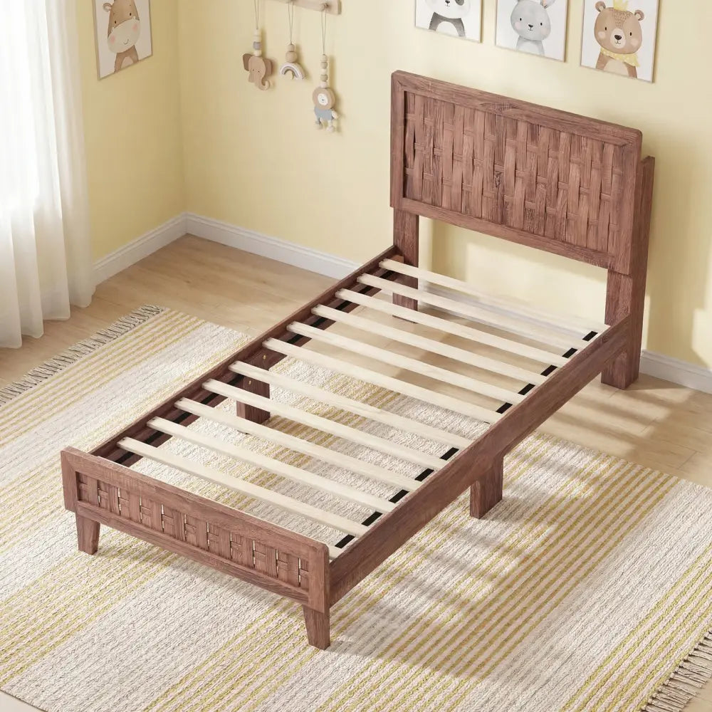 Twin Size Bed Frame Mid Century with Woven Accent Headboard - Walnut - Simple Bed Frame