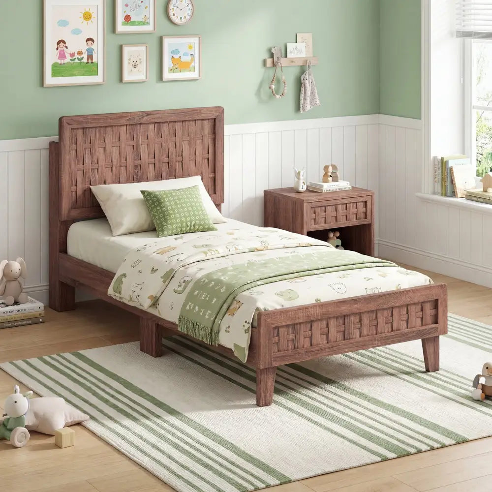 Twin Size Bed Frame Mid Century with Woven Accent Headboard - Walnut - Simple Bed Frame