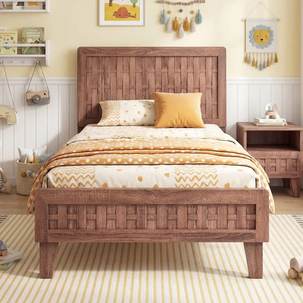 Twin Size Bed Frame Mid Century with Woven Accent Headboard - Walnut - Simple Bed Frame