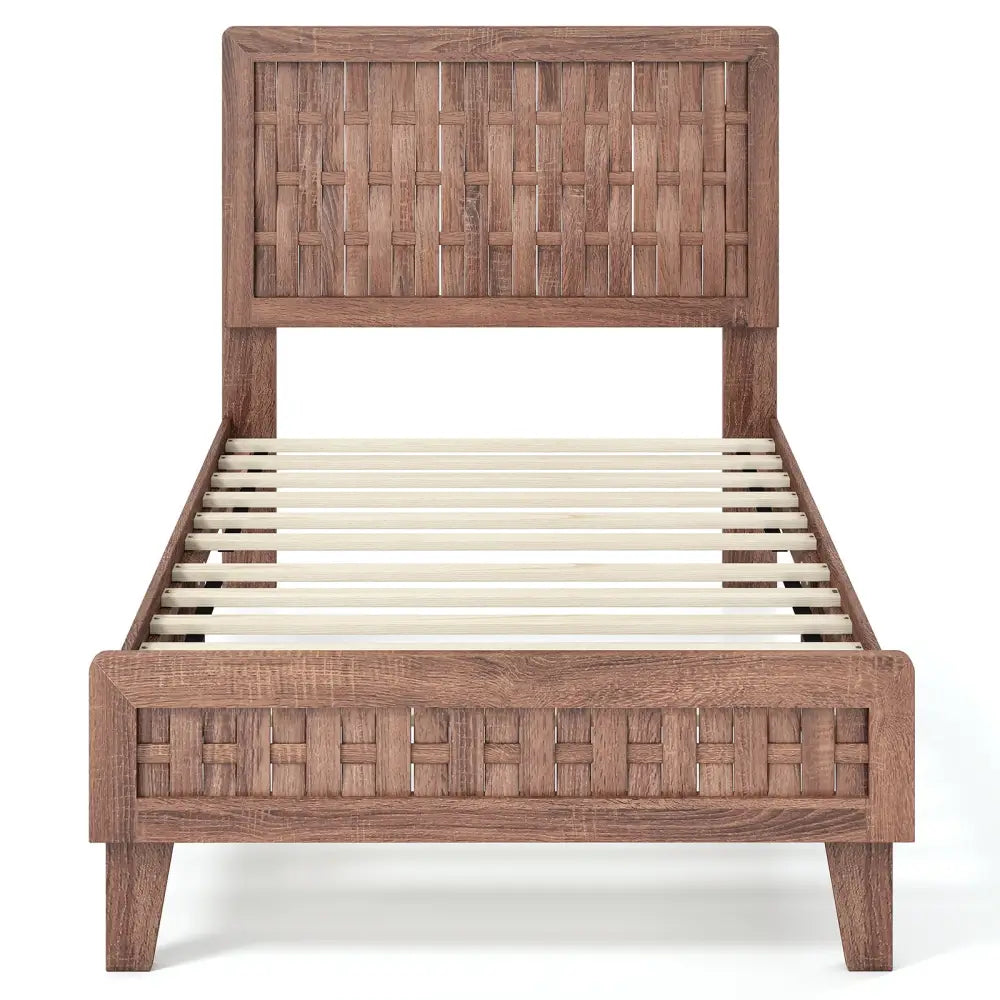 Twin Size Bed Frame Mid Century with Woven Accent Headboard - Walnut - Simple Bed Frame