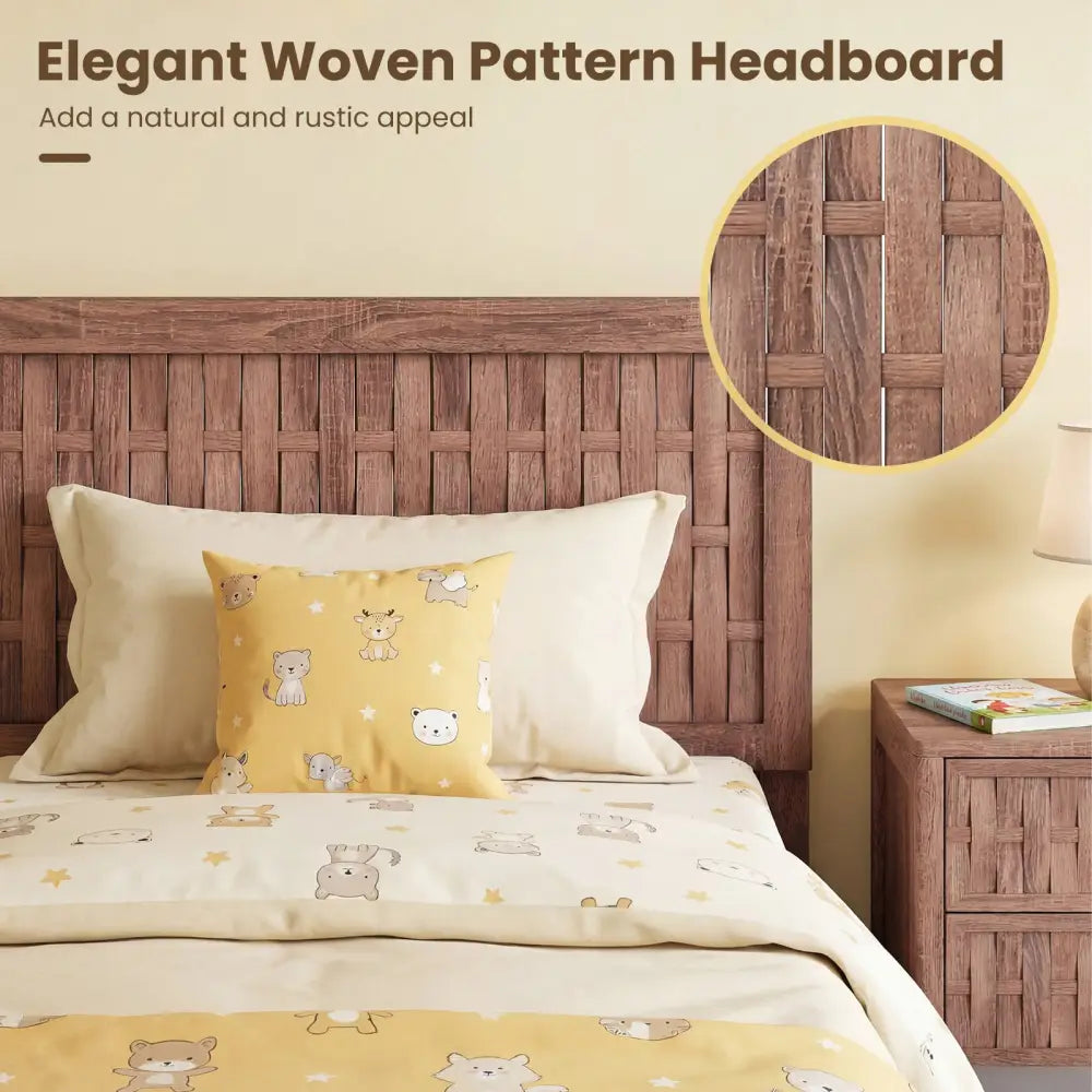 Twin Size Bed Frame Mid Century with Woven Accent Headboard - Walnut - Simple Bed Frame