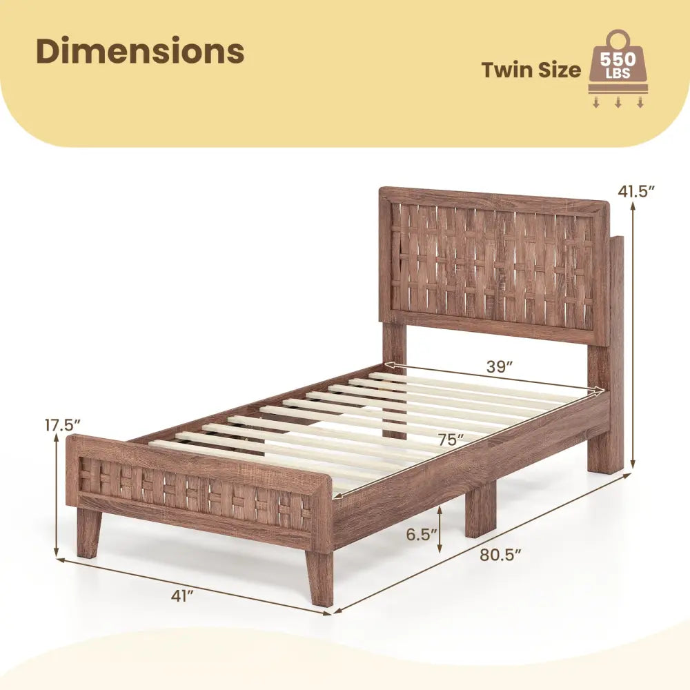 Twin Size Bed Frame Mid Century with Woven Accent Headboard - Walnut - Simple Bed Frame