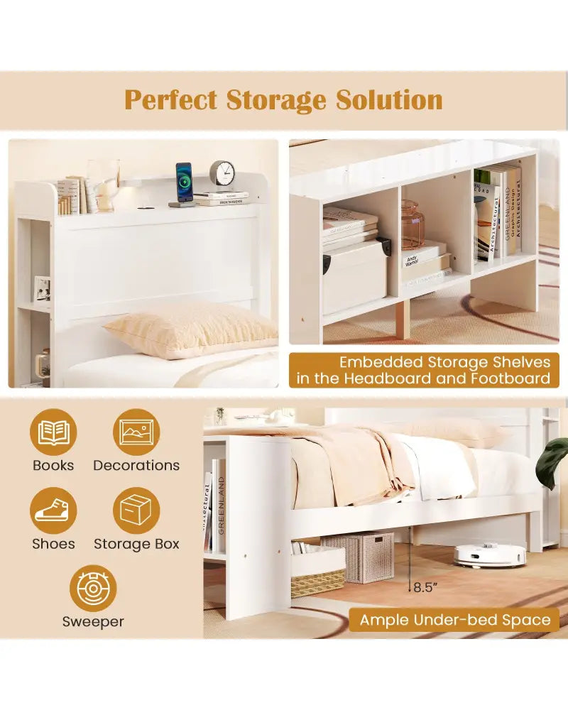 Twin Size Bed Frame with 2 USB Ports with Storage Headboard and Lights-Twin Size - White - Simple Bed Frame