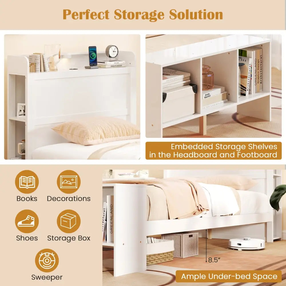 Twin Size Bed Frame with 2 USB Ports with Storage Headboard and Lights-Twin Size - White - Simple Bed Frame