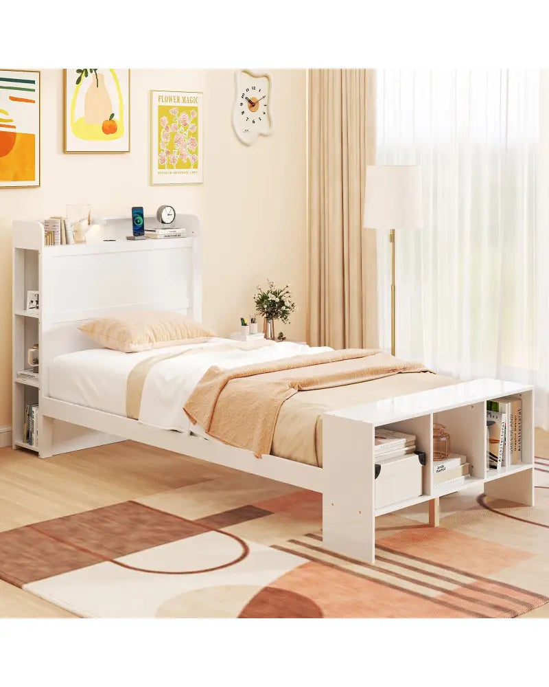 Twin Size Bed Frame with 2 USB Ports with Storage Headboard and Lights-Twin Size - White - Simple Bed Frame
