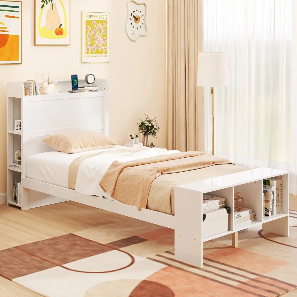 Twin Size Bed Frame with 2 USB Ports with Storage Headboard and Lights-Twin Size - White - Simple Bed Frame
