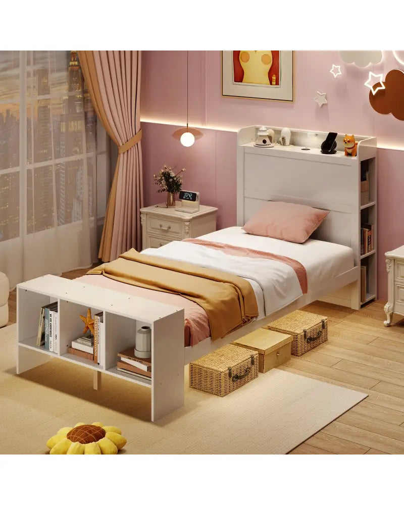 Twin Size Bed Frame with 2 USB Ports with Storage Headboard and Lights-Twin Size - White - Simple Bed Frame