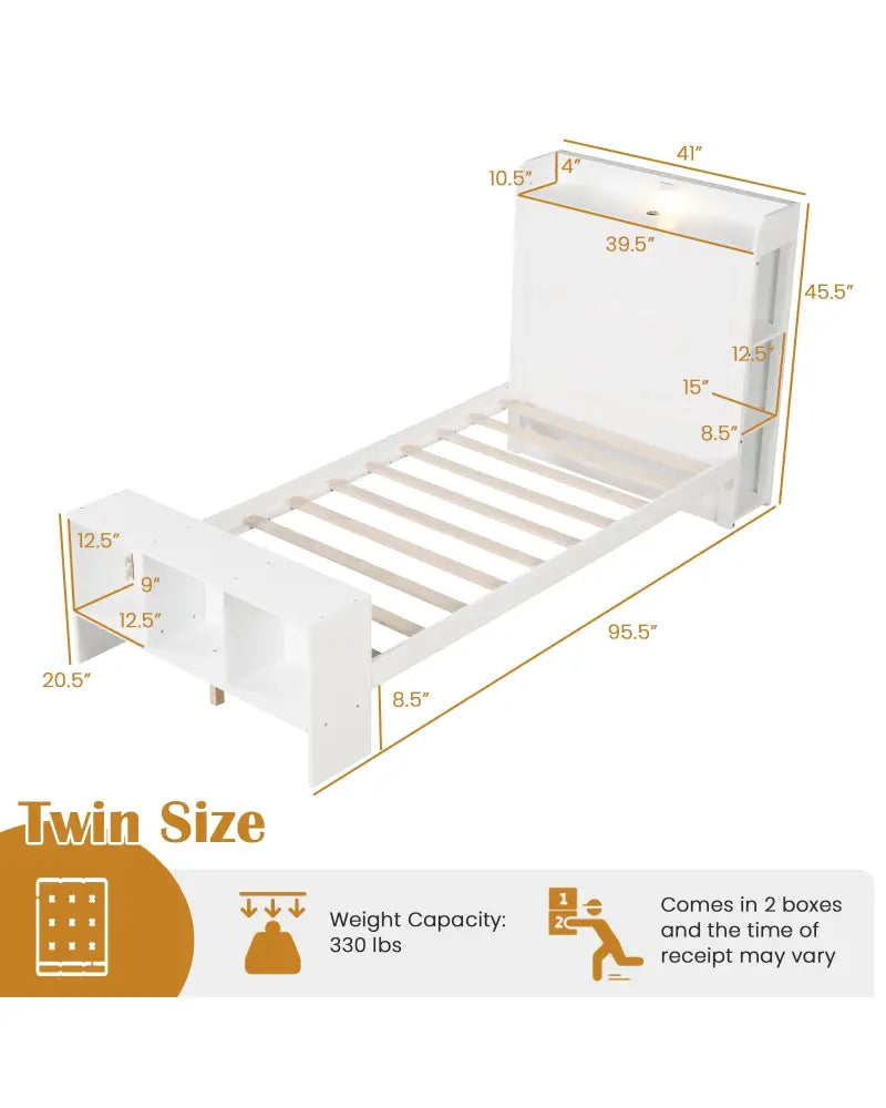 Twin Size Bed Frame with 2 USB Ports with Storage Headboard and Lights-Twin Size - White - Simple Bed Frame