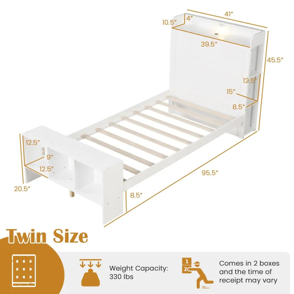 Twin Size Bed Frame with 2 USB Ports with Storage Headboard and Lights-Twin Size - White - Simple Bed Frame