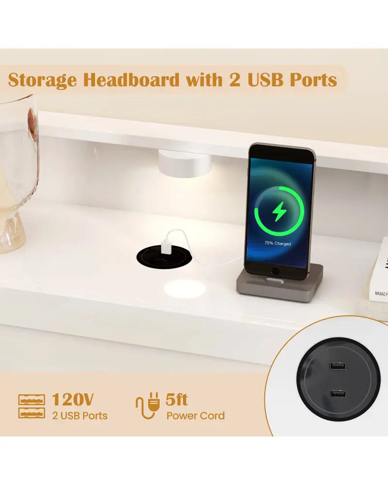 Twin Size Bed Frame with 2 USB Ports with Storage Headboard and Lights-Twin Size - White - Simple Bed Frame