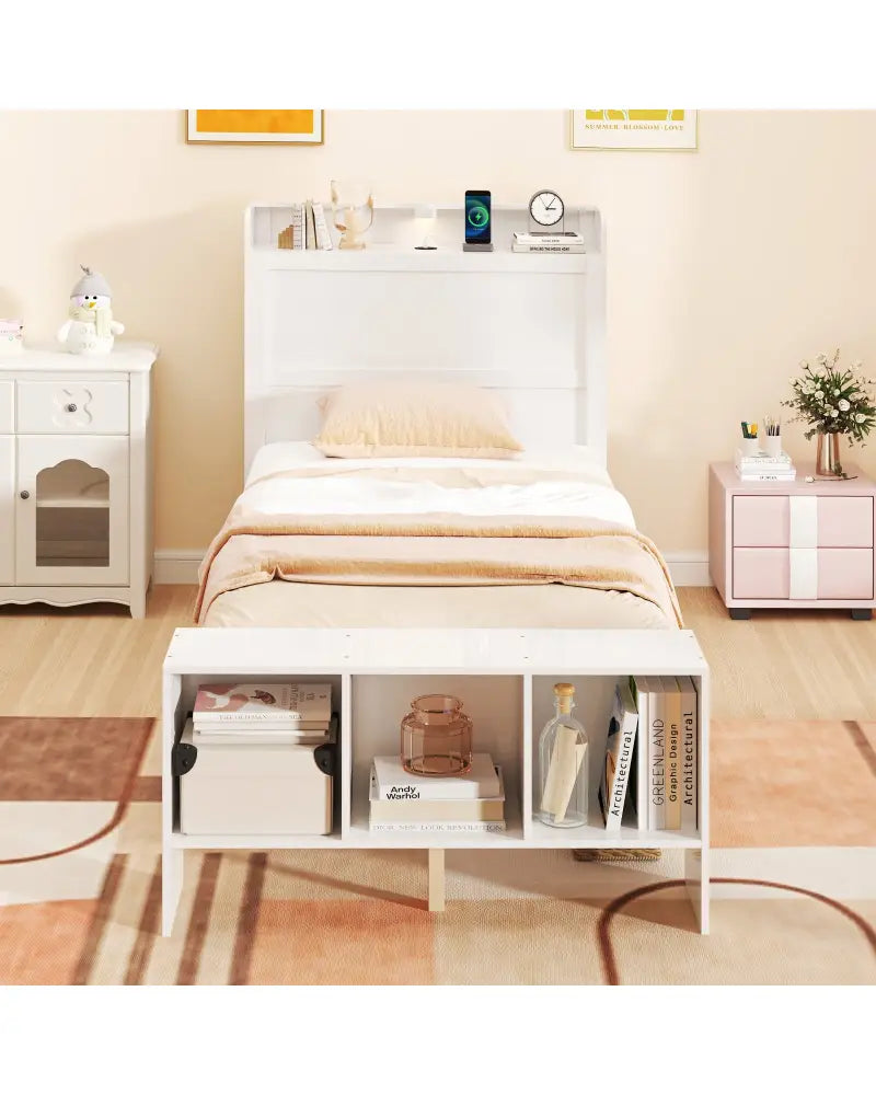 Twin Size Bed Frame with 2 USB Ports with Storage Headboard and Lights-Twin Size - White - Simple Bed Frame