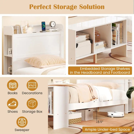Twin Size Bed Frame with 2 USB Ports with Storage Headboard and Lights-Twin Size - White - Simple Bed Frame