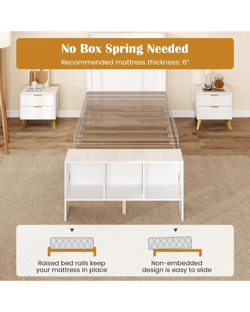 Twin Size Bed Frame with 2 USB Ports with Storage Headboard and Lights-Twin Size - White - Simple Bed Frame