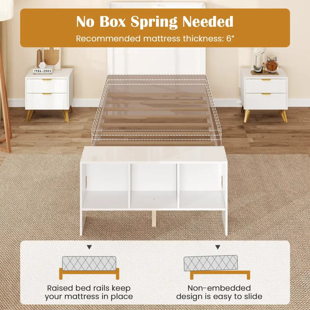 Twin Size Bed Frame with 2 USB Ports with Storage Headboard and Lights-Twin Size - White - Simple Bed Frame