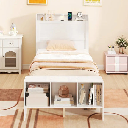 Twin Size Bed Frame with 2 USB Ports with Storage Headboard and Lights-Twin Size - White - Simple Bed Frame