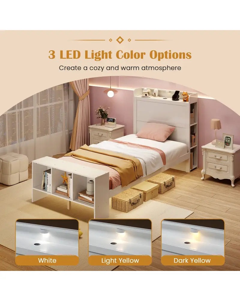 Twin Size Bed Frame with 2 USB Ports with Storage Headboard and Lights-Twin Size - White - Simple Bed Frame