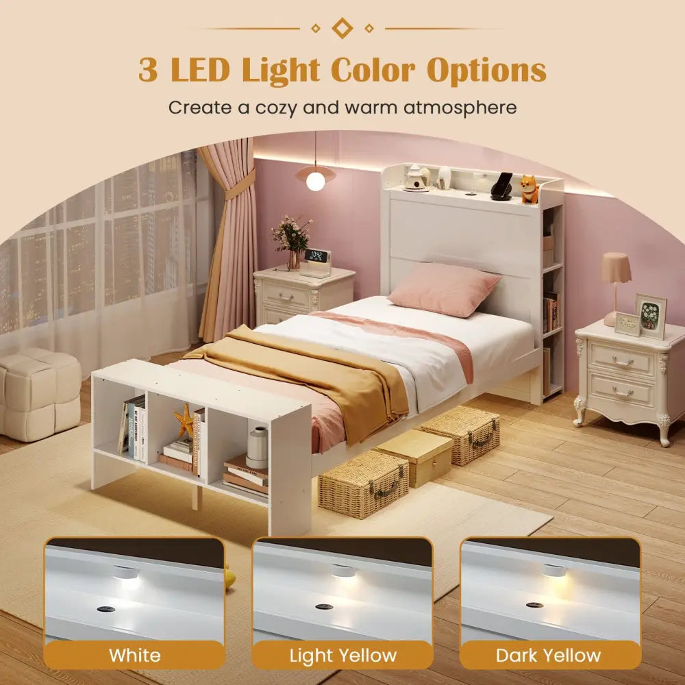 Twin Size Bed Frame with 2 USB Ports with Storage Headboard and Lights-Twin Size - White - Simple Bed Frame