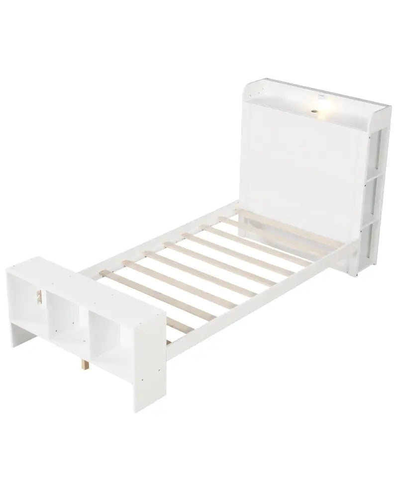 Twin Size Bed Frame with 2 USB Ports with Storage Headboard and Lights-Twin Size - White - Simple Bed Frame