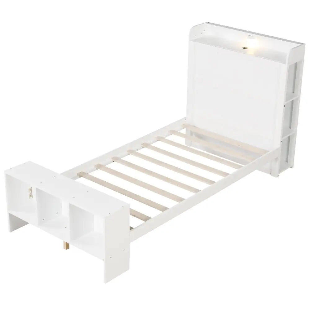 Twin Size Bed Frame with 2 USB Ports with Storage Headboard and Lights-Twin Size - White - Simple Bed Frame