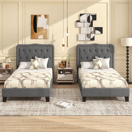 Twin Size Bed Frame with 46 Inch Tall Button Tufted Headboard-Gray - Gray - Simple Bed Frame