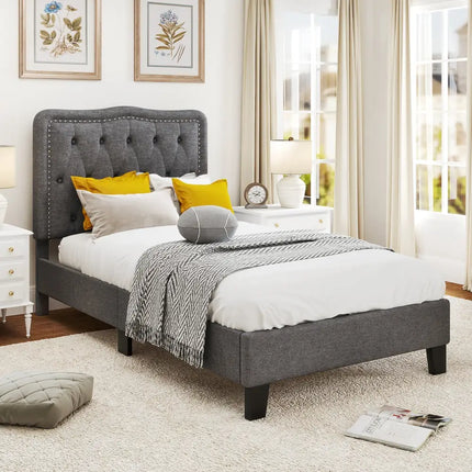 Twin Size Bed Frame with 46 Inch Tall Button Tufted Headboard-Gray - Gray - Simple Bed Frame