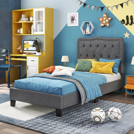 Twin Size Bed Frame with 46 Inch Tall Button Tufted Headboard-Gray - Gray - Simple Bed Frame
