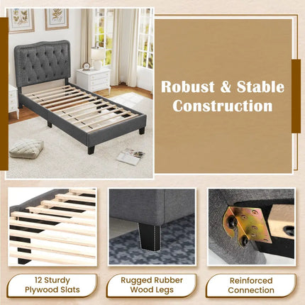 Twin Size Bed Frame with 46 Inch Tall Button Tufted Headboard-Gray - Gray - Simple Bed Frame