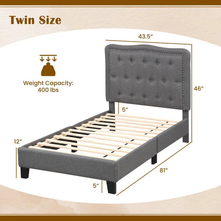 Twin Size Bed Frame with 46 Inch Tall Button Tufted Headboard-Gray - Gray - Simple Bed Frame