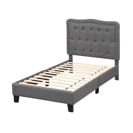 Twin Size Bed Frame with 46 Inch Tall Button Tufted Headboard-Gray - Gray - Simple Bed Frame