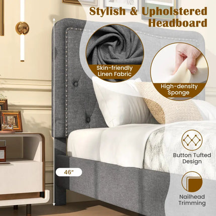 Twin Size Bed Frame with 46 Inch Tall Button Tufted Headboard-Gray - Gray - Simple Bed Frame
