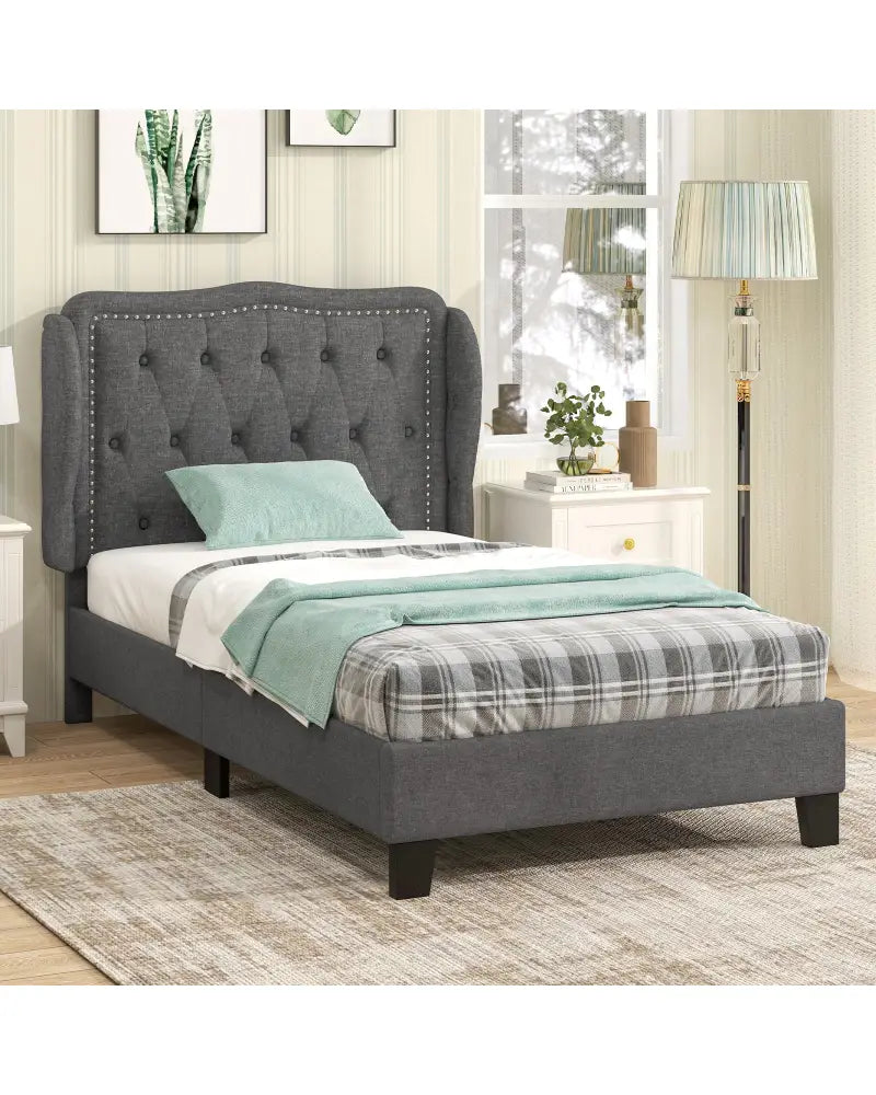 Twin Size Bed Frame with Button Tufted Wingback Headboard and Storage Space-Gray - Gray - Simple Bed Frame