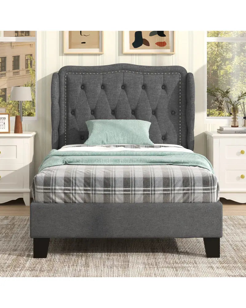 Twin Size Bed Frame with Button Tufted Wingback Headboard and Storage Space-Gray - Gray - Simple Bed Frame
