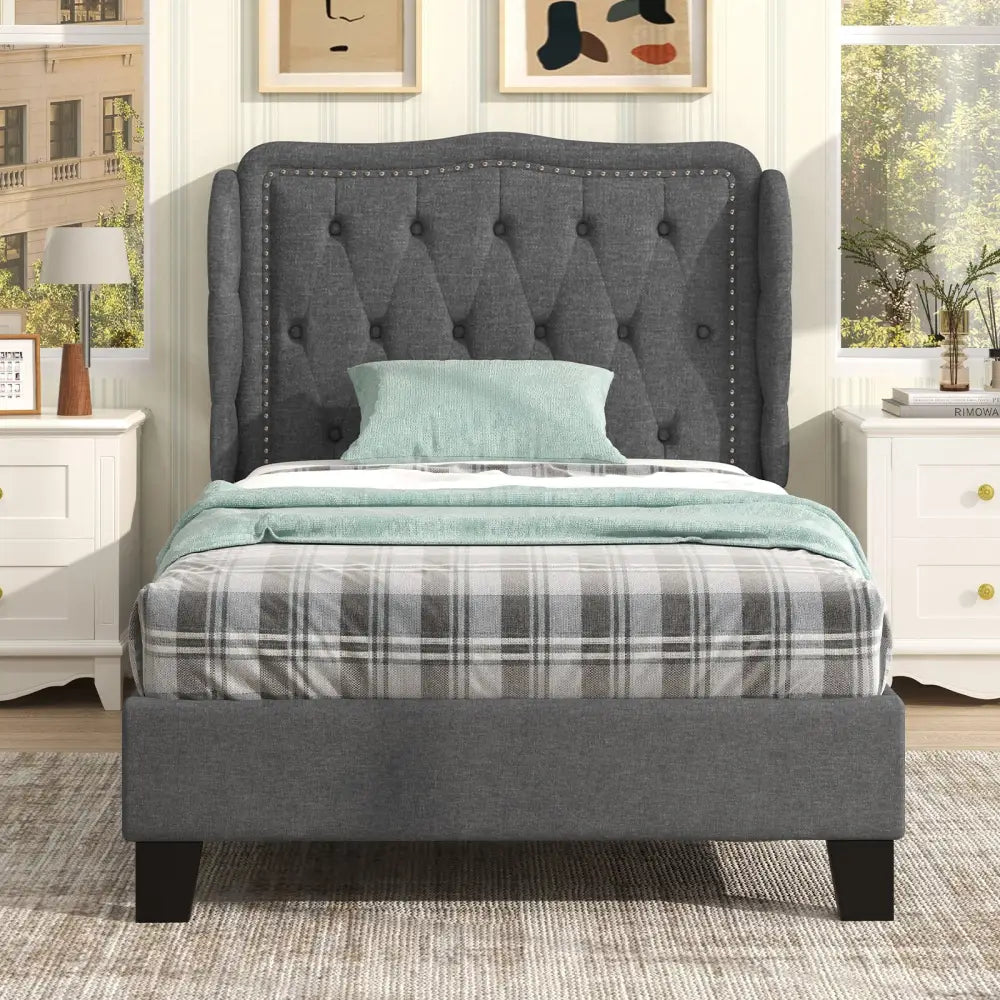Twin Size Bed Frame with Button Tufted Wingback Headboard and Storage Space-Gray - Gray - Simple Bed Frame