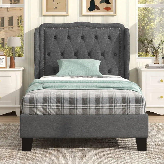 Twin Size Bed Frame with Button Tufted Wingback Headboard and Storage Space-Gray - Gray - Simple Bed Frame