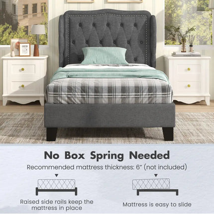 Twin Size Bed Frame with Button Tufted Wingback Headboard and Storage Space-Gray - Gray - Simple Bed Frame