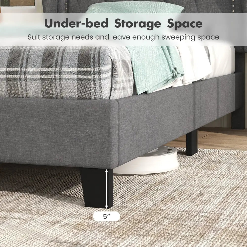 Twin Size Bed Frame with Button Tufted Wingback Headboard and Storage Space-Gray - Gray - Simple Bed Frame