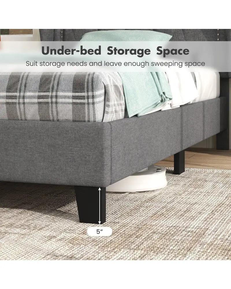 Twin Size Bed Frame with Button Tufted Wingback Headboard and Storage Space-Gray - Gray - Simple Bed Frame