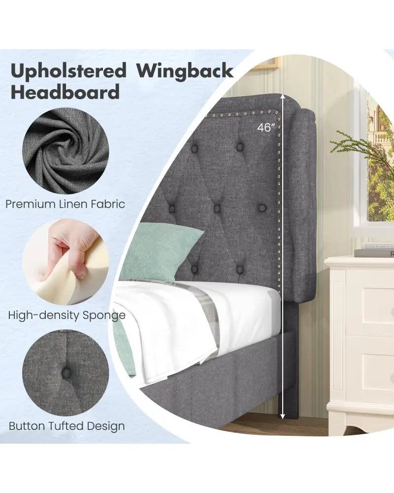 Twin Size Bed Frame with Button Tufted Wingback Headboard and Storage Space-Gray - Gray - Simple Bed Frame
