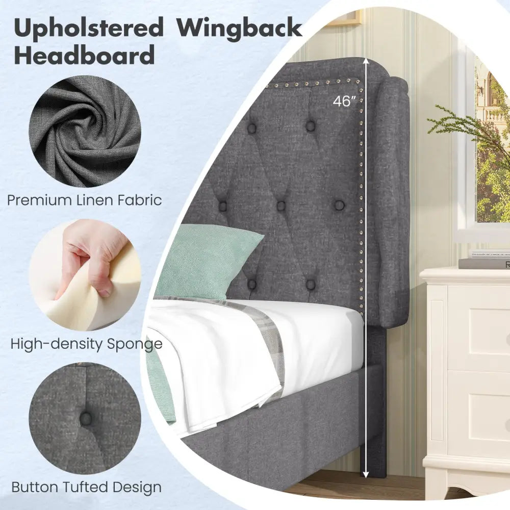 Twin Size Bed Frame with Button Tufted Wingback Headboard and Storage Space-Gray - Gray - Simple Bed Frame