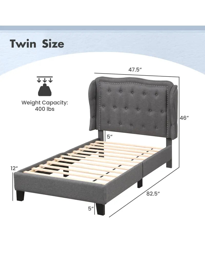 Twin Size Bed Frame with Button Tufted Wingback Headboard and Storage Space-Gray - Gray - Simple Bed Frame