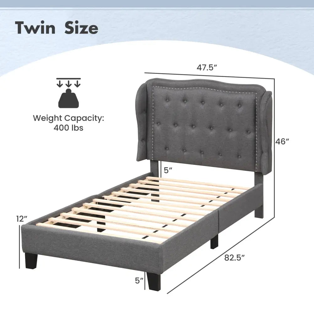 Twin Size Bed Frame with Button Tufted Wingback Headboard and Storage Space-Gray - Gray - Simple Bed Frame