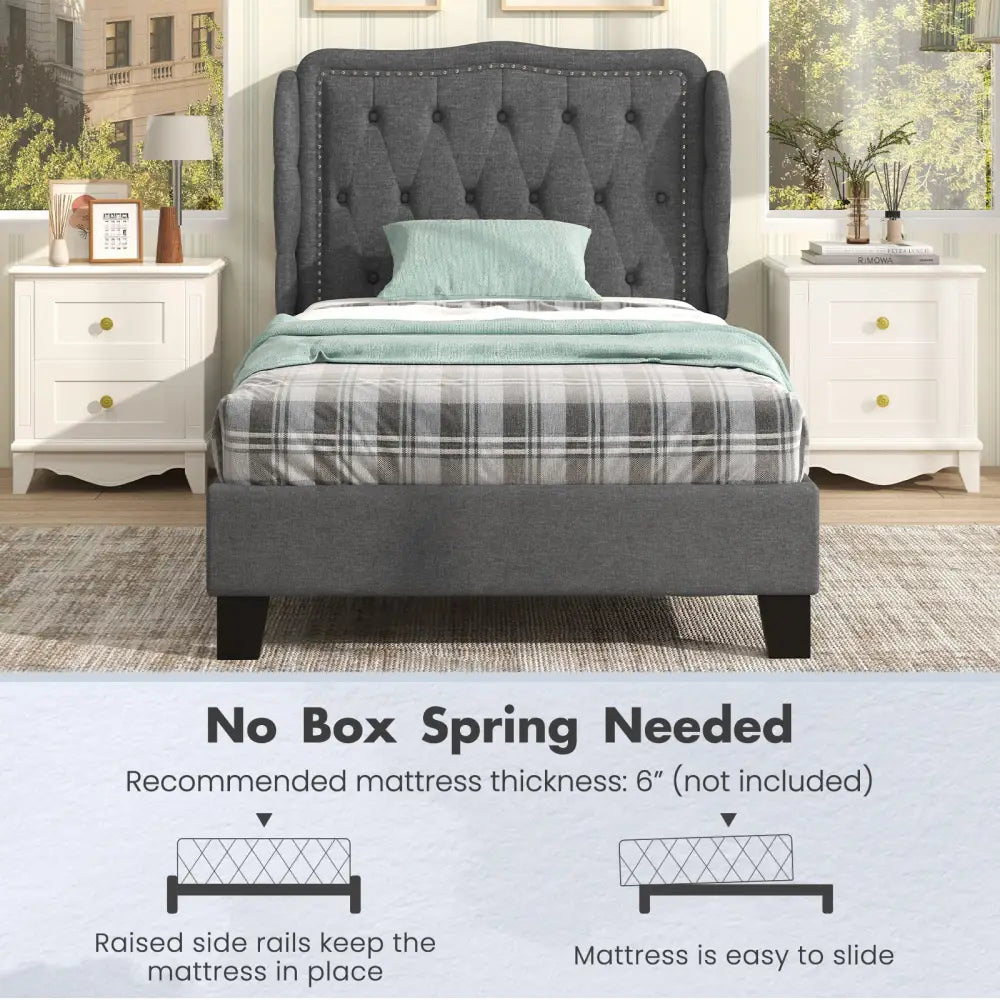 Twin Size Bed Frame with Button Tufted Wingback Headboard and Storage Space-Gray - Gray - Simple Bed Frame