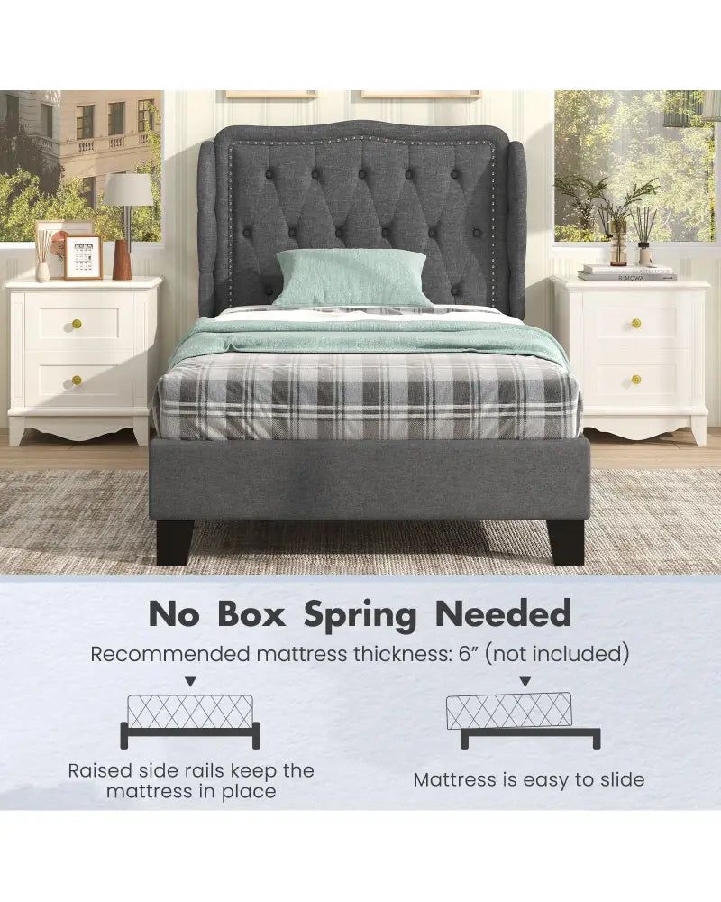 Twin Size Bed Frame with Button Tufted Wingback Headboard and Storage Space-Gray - Gray - Simple Bed Frame