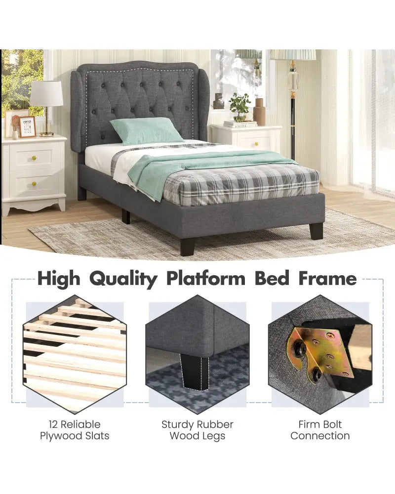 Twin Size Bed Frame with Button Tufted Wingback Headboard and Storage Space-Gray - Gray - Simple Bed Frame