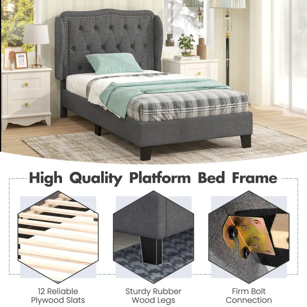 Twin Size Bed Frame with Button Tufted Wingback Headboard and Storage Space-Gray - Gray - Simple Bed Frame